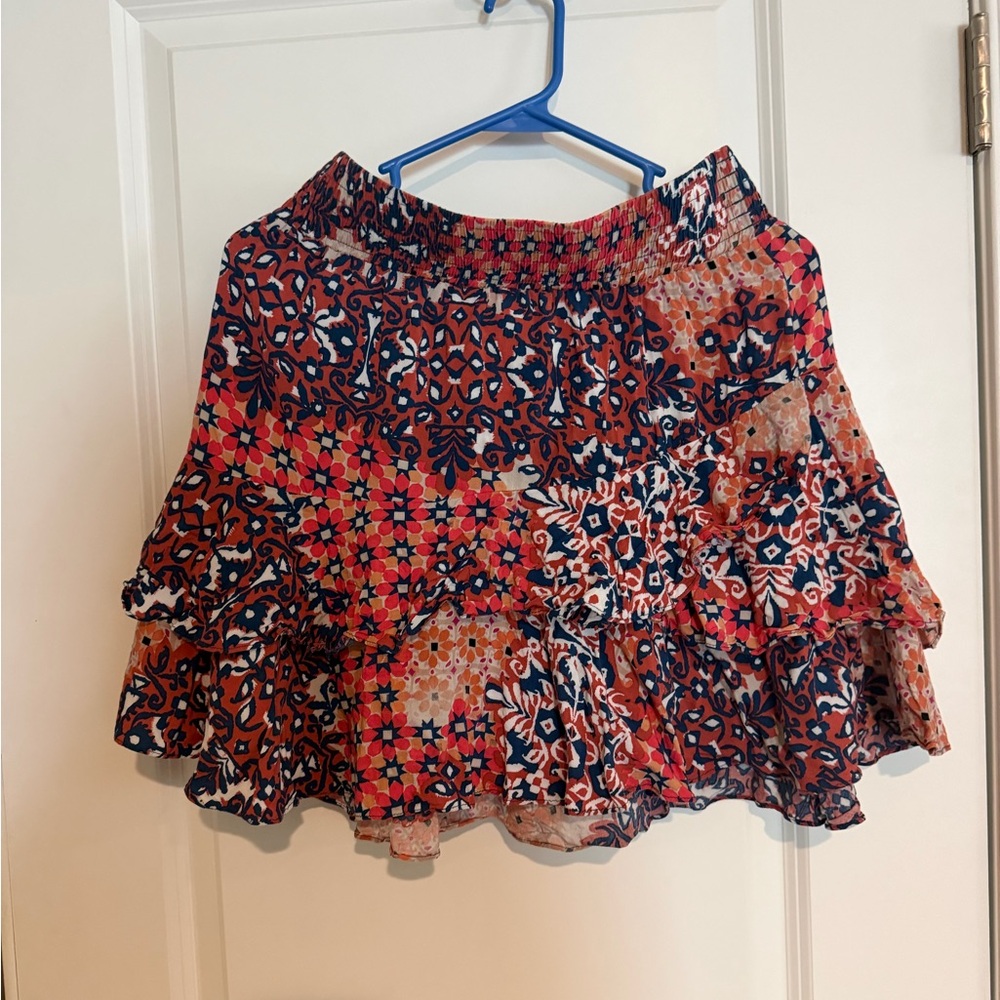 CAbi Rust & Navy Patchwork Tiered Skater Skirt